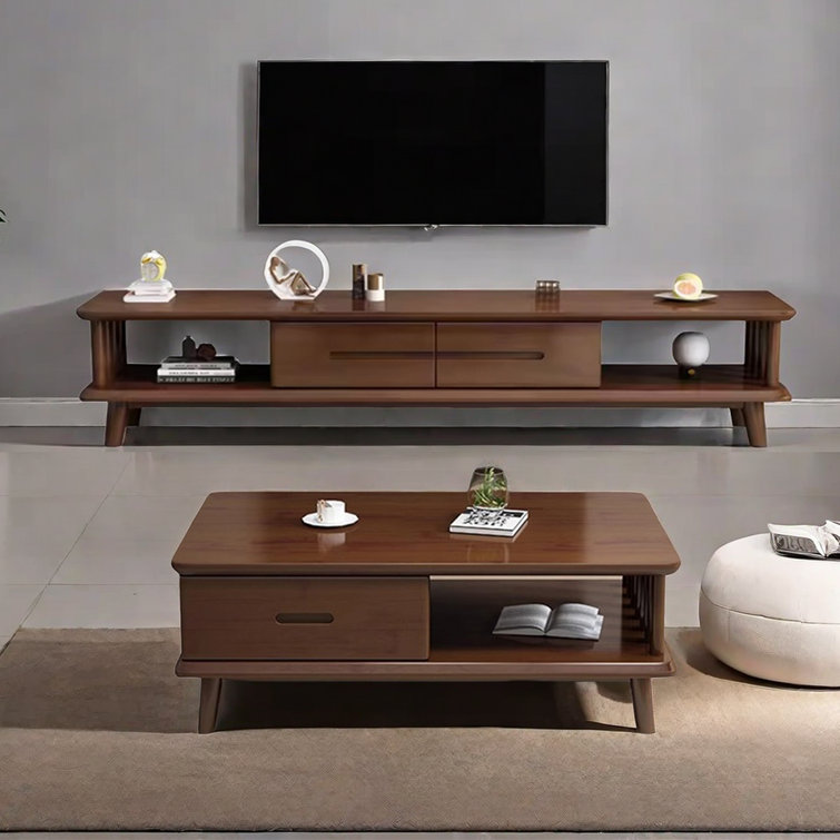 EXCEEB Rubberwood TV Stand And Coffee Table Set 2 Piece Solid Wood